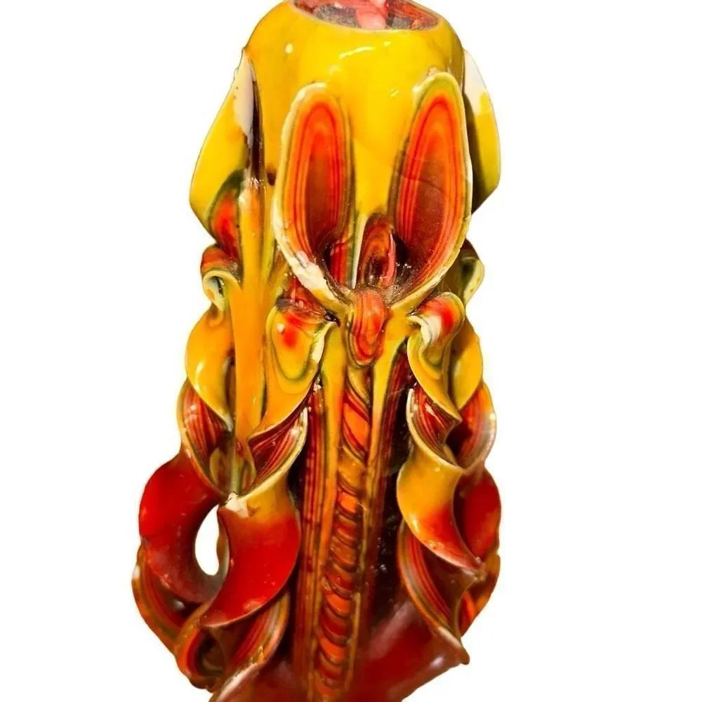 VINTAGE HAND CARVED CANDLE *RARE UNLIT layered 1970 yellow orange twirl fire